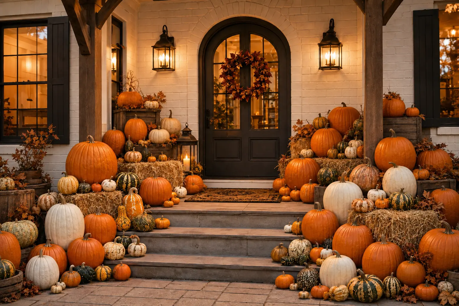 A front porch layered with orange, white and heirloom pumpkins, hay bales and lanterns on either side of an arched door.